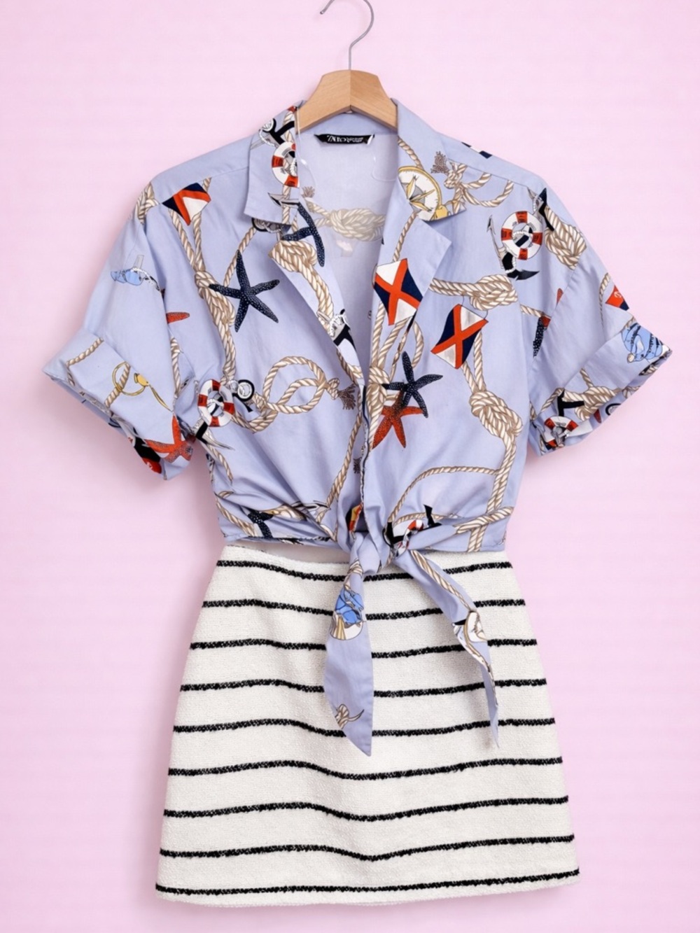 Nautical Knot Print Tie-Front Crop Shirt in Light Blue